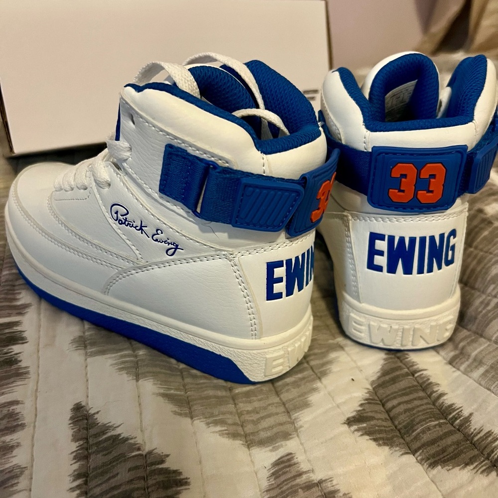 Kids Patrick Ewing White and Blue High-Top Sneakers